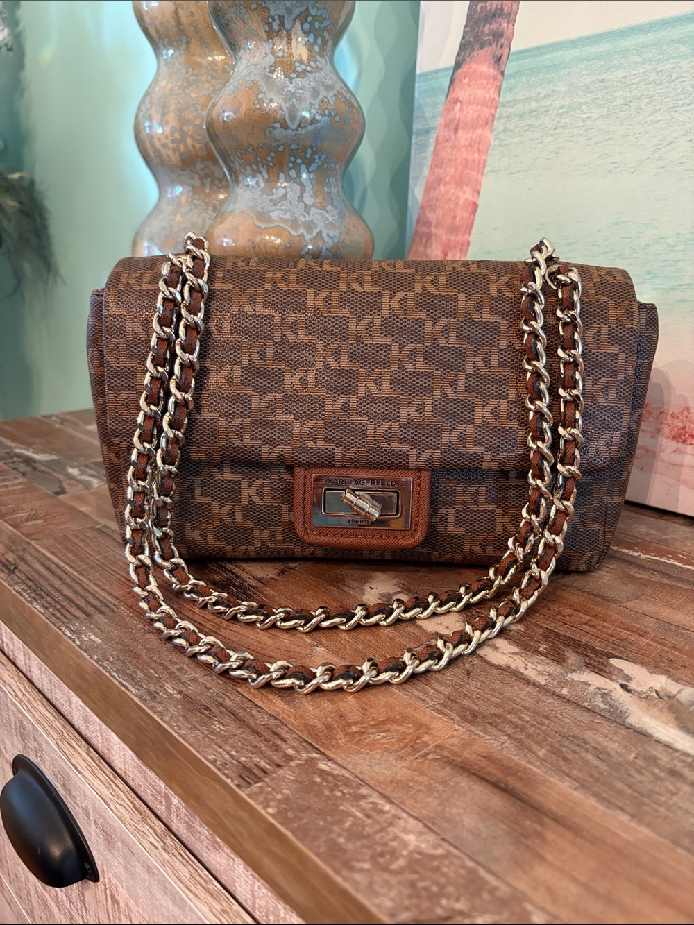 Karl Lagerfeld Brown Logo Chain Shoulder Bag beautiful